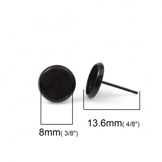 Picture of Brass Ear Post Stud Earrings Round Black Cabochon Settings (Fit 8mm Dia.) 10mm( 3/8") Dia., Post/ Wire Size: (21 gauge), 30 PCs                                                                                                                               