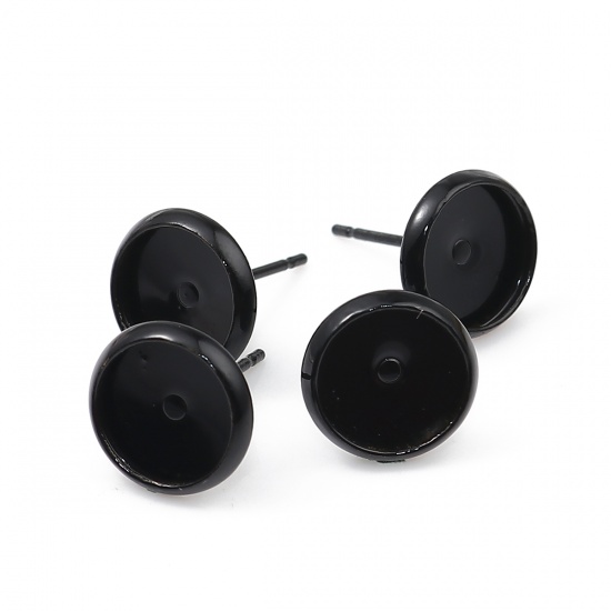 Picture of Brass Ear Post Stud Earrings Round Black Cabochon Settings (Fit 8mm Dia.) 10mm( 3/8") Dia., Post/ Wire Size: (21 gauge), 30 PCs                                                                                                                               
