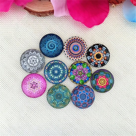 Picture of Glass Dome Seals Cabochon Round Flatback At Random Kaleidoscope Pattern 10mm Dia, 100 PCs