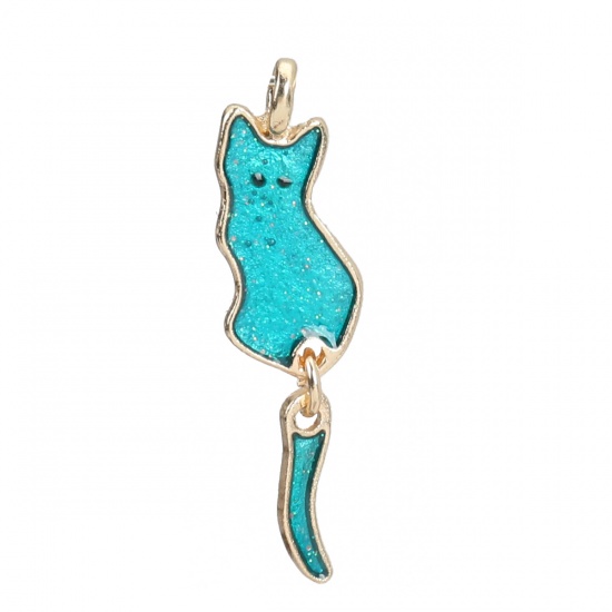 Picture of Zinc Based Alloy Pendants Cat Animal KC Gold Plated Peacock Green Enamel Glitter 32mm x 9mm, 10 PCs