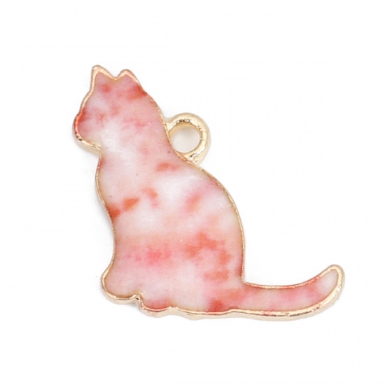 Изображение Подвески Кошка KC Позолоченный Персик-Розовый С Эмалью 17мм x 16мм, 10 ШТ