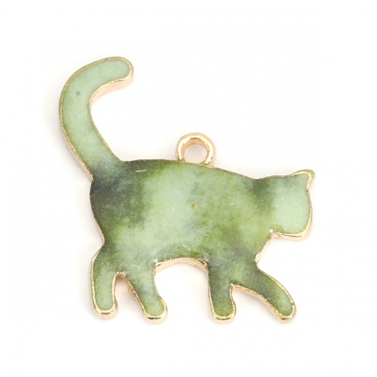 Picture of Zinc Based Alloy Charms Cat Animal KC Gold Plated Green Enamel 21mm x 20mm, 10 PCs