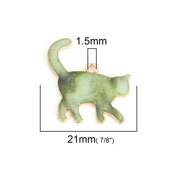 Изображение Подвески Кошка KC Позолоченный Зеленый С Эмалью 21мм x 20мм, 10 ШТ