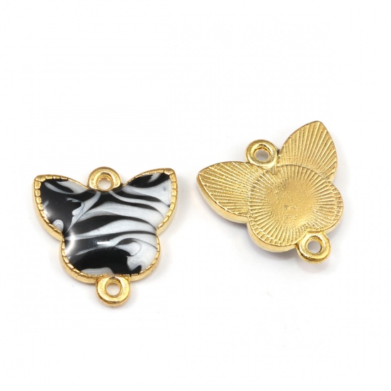 Picture of Zinc Based Alloy Connectors Butterfly Animal Gold Plated Black Stripe Enamel 18mm x 18mm, 10 PCs