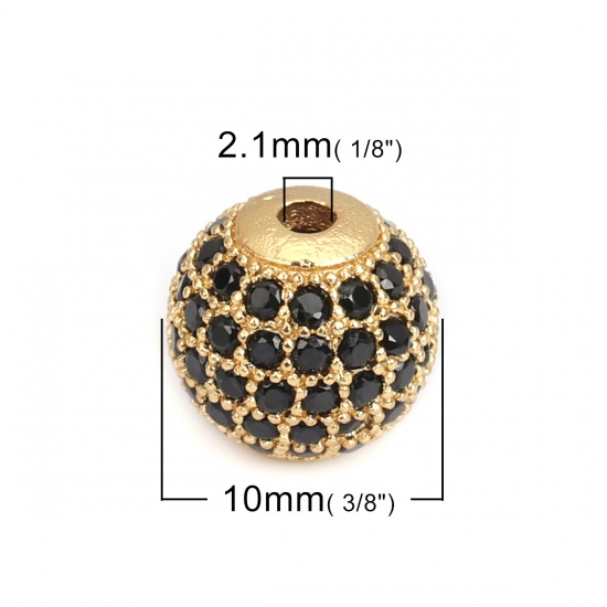 Picture of Zinc Based Alloy Beads Round Gold Plated Black Rhinestone About 10mm Dia., Hole: Approx 2.1mm, 5 PCs