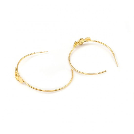 Picture of Brass Hoop Earrings Round Gold Plated Cabochon Settings (Fit 6mm 4mm) 41mm x 38mm, Post/ Wire Size: (21 gauge), 2 PCs                                                                                                                                         