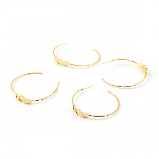 Picture of Brass Hoop Earrings Round Gold Plated Cabochon Settings (Fit 6mm 4mm) 41mm x 38mm, Post/ Wire Size: (21 gauge), 2 PCs                                                                                                                                         