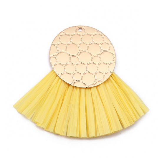 Picture of Raffia Tassel Pendants Fan-shaped Gold Plated Yellow 56mm x 51mm - 52mm x 49mm, 3 PCs