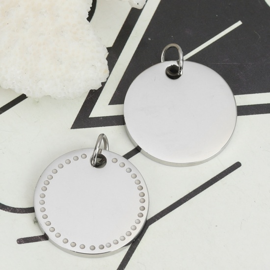 Picture of Stainless Steel Blank Stamping Tags Charms Round Silver Tone Double-sided Polishing 24mm x 20mm, 2 PCs
