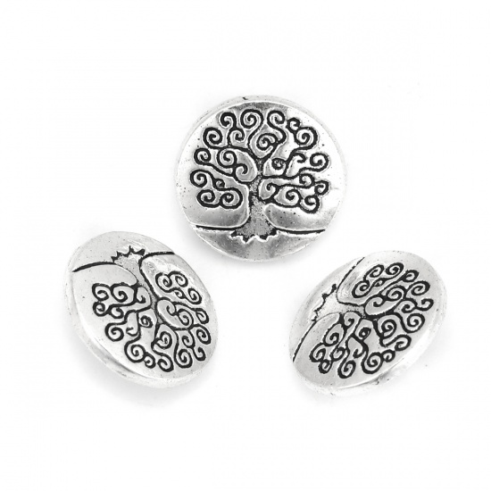 Picture of Zinc Based Alloy Round Antique Silver Color Tree of Life Carved 14mm Dia., 50 PCs