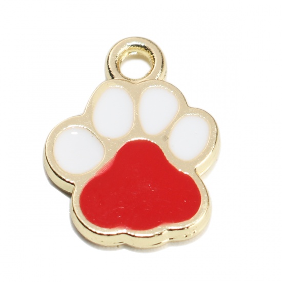 Picture of Pet Memorial Charms Paw Claw Gold Plated White & Red Enamel 15mm x 12mm, 10 PCs