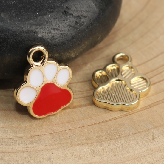 Picture of Pet Memorial Charms Paw Claw Gold Plated White & Red Enamel 15mm x 12mm, 10 PCs