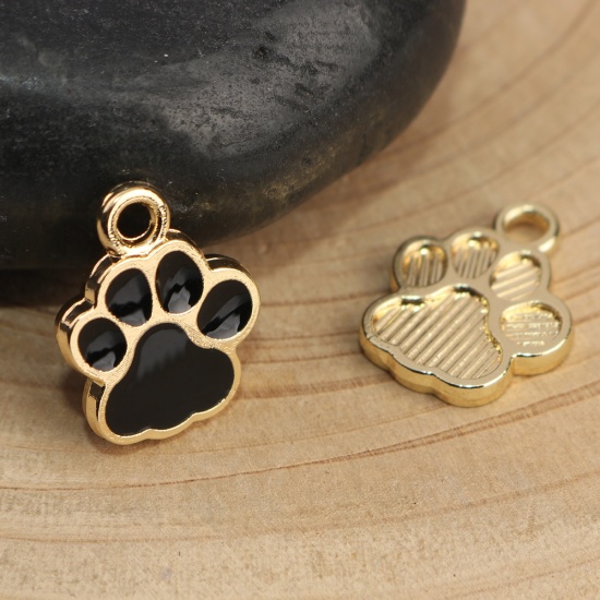 Picture of Pet Memorial Charms Paw Claw Gold Plated Black Enamel 15mm x 12mm, 10 PCs