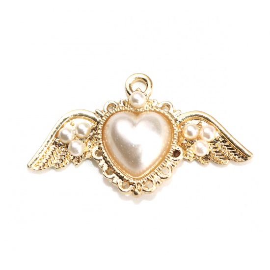 Picture of Acrylic Pendants Wing Gold Plated White Imitation Pearl 36mm x 20mm, 5 PCs