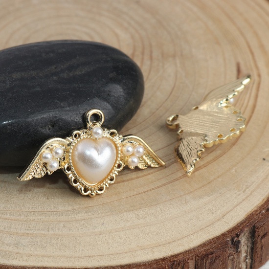Picture of Acrylic Pendants Wing Gold Plated White Imitation Pearl 36mm x 20mm, 5 PCs