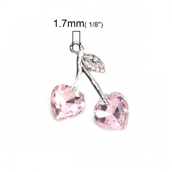 Picture of Zinc Based Alloy Charms Cherry Fruit Silver Tone Light Pink Heart AB Color Rhinestone 25mm x 23mm - 24mm x 22mm, 5 PCs