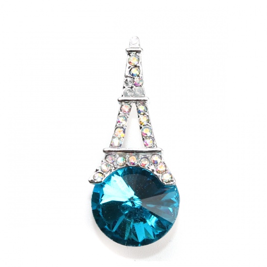 Picture of Zinc Based Alloy Pendants Eiffel Tower Silver Tone Blue AB Color Rhinestone 3.4cm x 1.4cm, 5 PCs