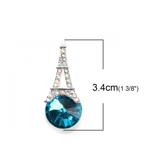 Picture of Zinc Based Alloy Pendants Eiffel Tower Silver Tone Blue AB Color Rhinestone 3.4cm x 1.4cm, 5 PCs