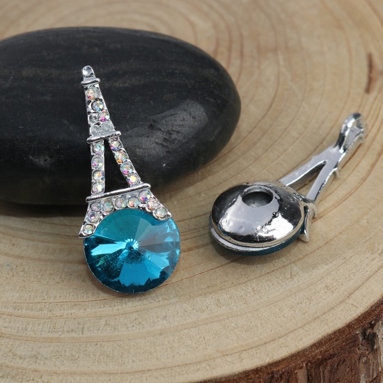 Picture of Zinc Based Alloy Pendants Eiffel Tower Silver Tone Blue AB Color Rhinestone 3.4cm x 1.4cm, 5 PCs