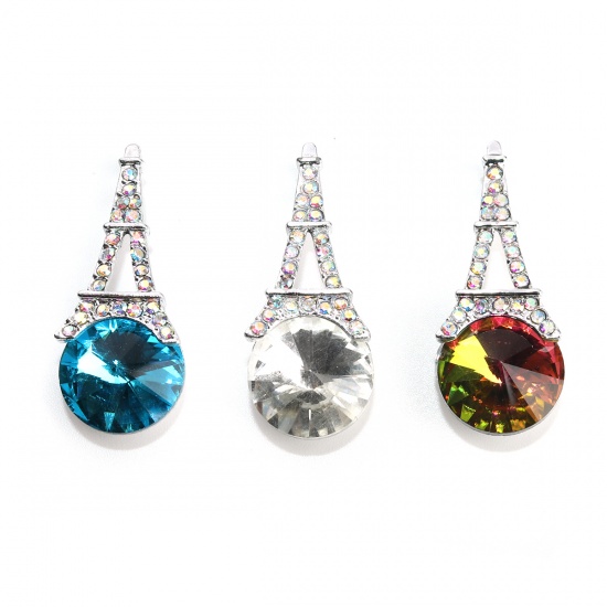 Picture of Zinc Based Alloy Pendants Eiffel Tower Silver Tone Blue AB Color Rhinestone 3.4cm x 1.4cm, 5 PCs