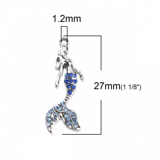 Picture of Zinc Based Alloy Charms Mermaid Silver Tone Blue Rhinestone 27mm x 10mm, 500 PCs