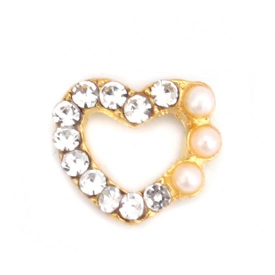 Picture of Zinc Based Alloy Resin Jewelry Craft Filling Material Gold Plated White Heart Acrylic Imitation Pearl Clear Rhinestone 8mm x 7mm, 5 PCs