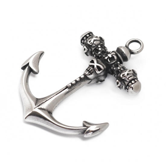 Picture of 304 Stainless Steel Casting Pendants Anchor Antique Silver Color Skull 48mm x 37mm, 1 Piece