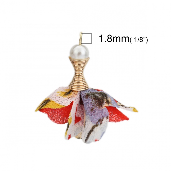 Picture of Zinc Based Alloy & Fabric Tassel Pendants Flower Gold Plated Red Acrylic Imitation Pearl 35mm x 33mm - 32mm x 31mm, 20 PCs