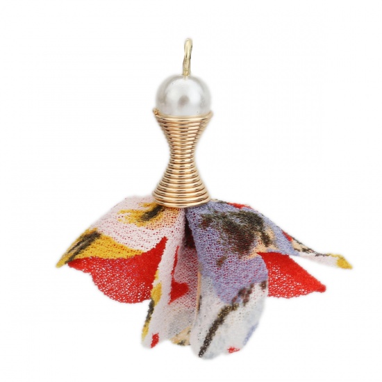 Picture of Zinc Based Alloy & Fabric Tassel Pendants Flower Gold Plated Red Acrylic Imitation Pearl 35mm x 33mm - 32mm x 31mm, 20 PCs
