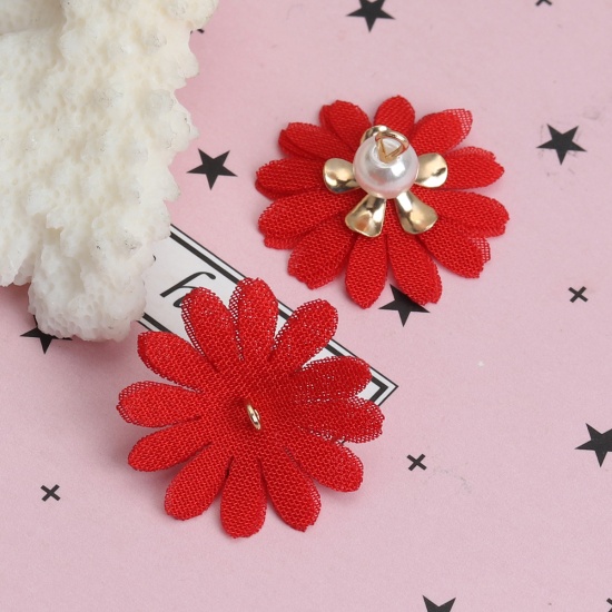 Picture of Zinc Based Alloy & Fabric Tassel Charms Flower Gold Plated Red Acrylic Imitation Pearl 24mm x 15mm - 22mm x 14mm, 20 PCs