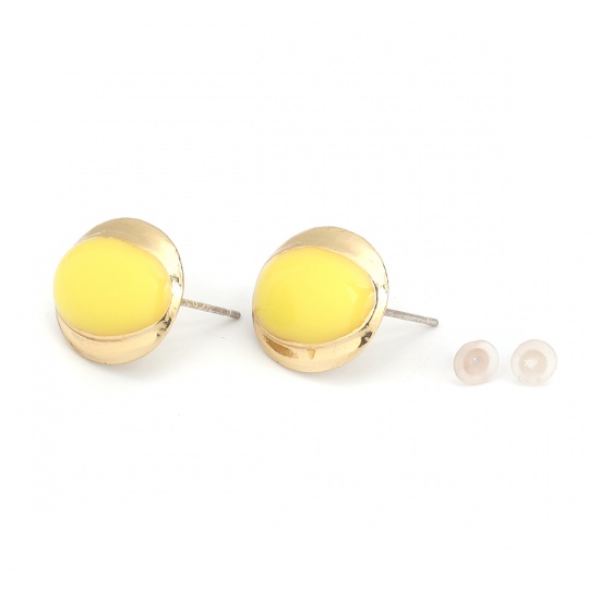 Picture of Zinc Based Alloy & Resin Ear Post Stud Earrings Findings Oval Gold Plated Yellow W/ Loop 15mm x 14mm, Post/ Wire Size: (21 gauge), 4 PCs