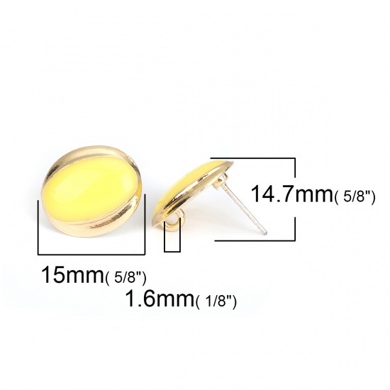 Picture of Zinc Based Alloy & Resin Ear Post Stud Earrings Findings Oval Gold Plated Yellow W/ Loop 15mm x 14mm, Post/ Wire Size: (21 gauge), 4 PCs