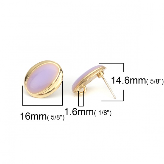 Picture of Zinc Based Alloy & Resin Ear Post Stud Earrings Findings Oval Gold Plated Mauve W/ Loop 16mm x 14mm, Post/ Wire Size: (21 gauge), 4 PCs
