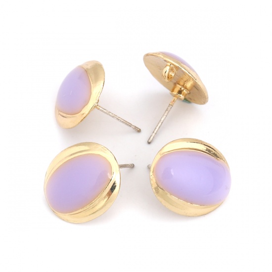 Picture of Zinc Based Alloy & Resin Ear Post Stud Earrings Findings Oval Gold Plated Mauve W/ Loop 16mm x 14mm, Post/ Wire Size: (21 gauge), 4 PCs