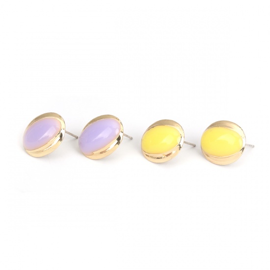 Picture of Zinc Based Alloy & Resin Ear Post Stud Earrings Findings Oval Gold Plated Mauve W/ Loop 16mm x 14mm, Post/ Wire Size: (21 gauge), 4 PCs