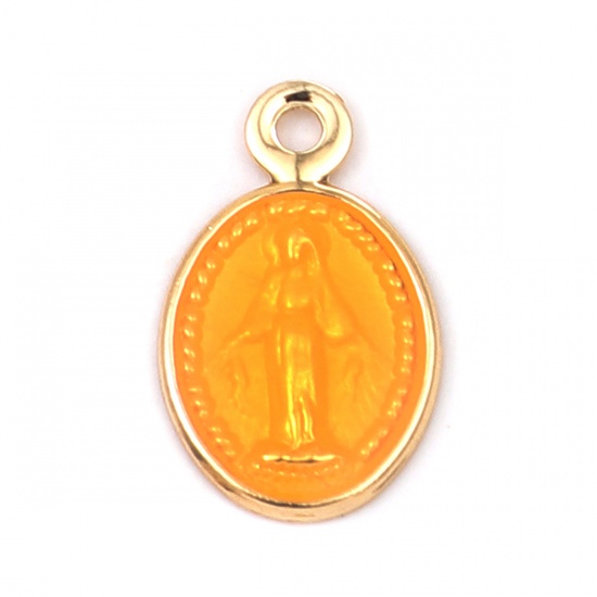 Imagen de Latón Colgantes Charms Óvalo Chapado en Oro Naranja Jesús Esmalte 13mm x 8mm, 10 Unidades