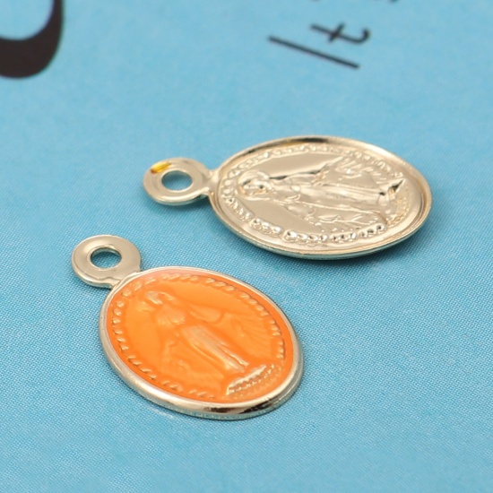 Imagen de Latón Colgantes Charms Óvalo Chapado en Oro Naranja Jesús Esmalte 13mm x 8mm, 10 Unidades