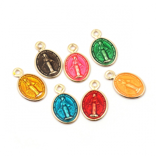 Imagen de Latón Colgantes Charms Óvalo Chapado en Oro Naranja Jesús Esmalte 13mm x 8mm, 10 Unidades