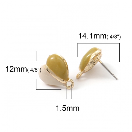 Picture of Zinc Based Alloy Ear Post Stud Earrings Findings Heart Gold Plated W/ Loop Ginger & Beige Enamel 12mm x 11mm, Post/ Wire Size: (21 gauge), 6 PCs