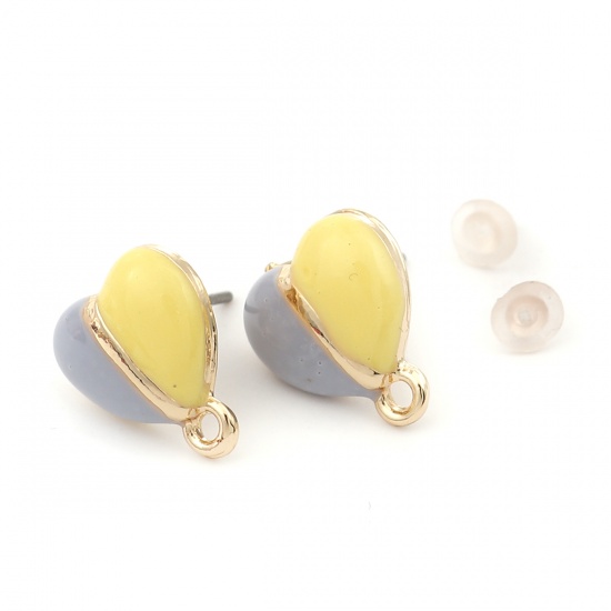 Picture of Zinc Based Alloy Ear Post Stud Earrings Findings Heart Gold Plated W/ Loop Yellow & Gray Enamel 12mm x 11mm, Post/ Wire Size: (21 gauge), 6 PCs