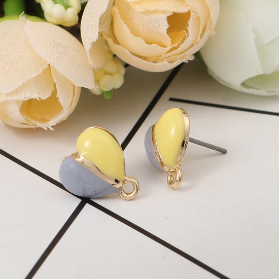 Picture of Zinc Based Alloy Ear Post Stud Earrings Findings Heart Gold Plated W/ Loop Yellow & Gray Enamel 12mm x 11mm, Post/ Wire Size: (21 gauge), 6 PCs