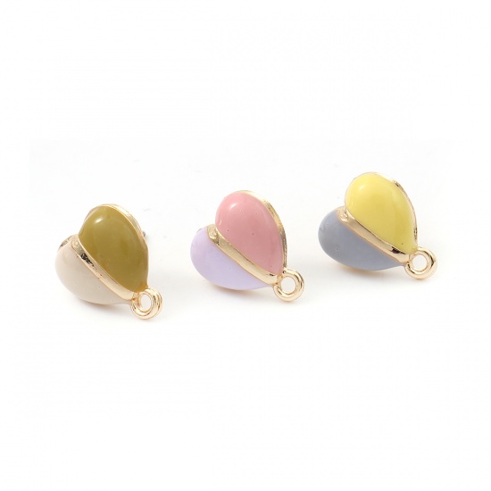 Picture of Zinc Based Alloy Ear Post Stud Earrings Findings Heart Gold Plated W/ Loop Yellow & Gray Enamel 12mm x 11mm, Post/ Wire Size: (21 gauge), 6 PCs