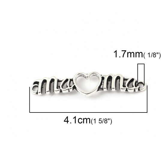Picture of Zinc Based Alloy Connectors Strip Antique Silver Heart Message " MAMA " Hollow 41mm x 9mm, 30 PCs