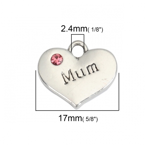 Picture of Zinc Based Alloy Charms Heart Antique Silver Message " MUM " Fuchsia Rhinestone 17mm x 15mm, 10 PCs