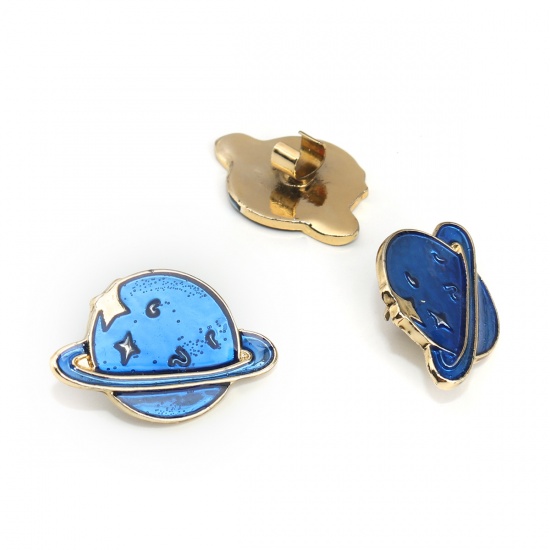Picture of Zinc Based Alloy Hair Accessories Findings Gold Plated Deep Blue Planet Star Enamel 27mm x 18mm, 5 PCs