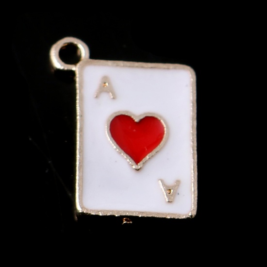 Picture of Zinc Based Alloy Charms Playing Card Gold Plated White & Red Enamel 14mm x 10mm, 500 PCs