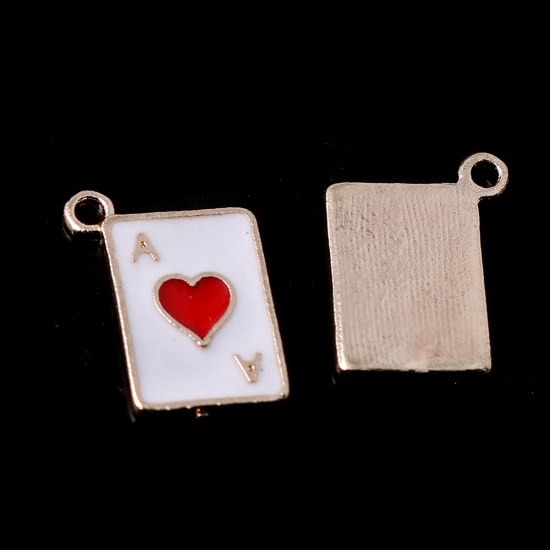 Picture of Zinc Based Alloy Charms Playing Card Gold Plated White & Red Enamel 14mm x 10mm, 500 PCs