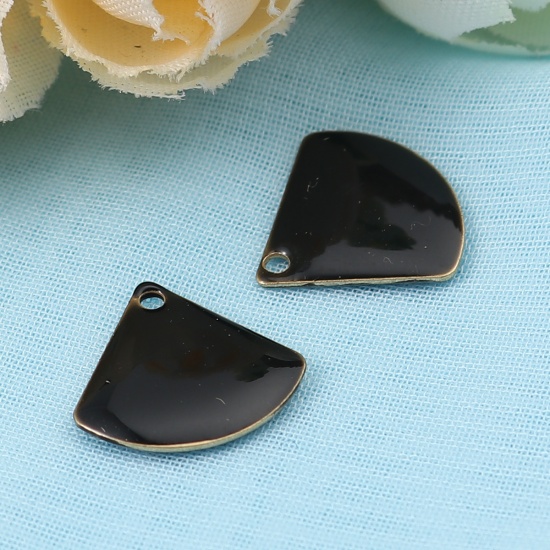 Picture of Brass Enamelled Sequins Charms Fan-shaped Brass Color Black 13mm x 12mm, 10 PCs                                                                                                                                                                               