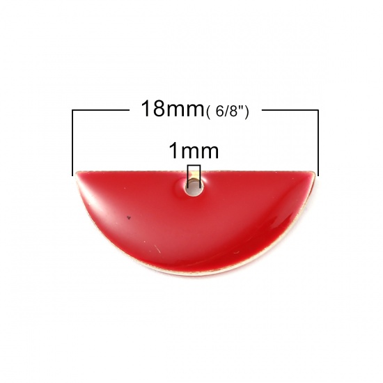 Image de Breloques Sequins Emaillés Double Face en Laiton Demi-Rond Couleur Laiton Rouge 18mm x 8mm, 10 Pcs                                                                                                                                                            