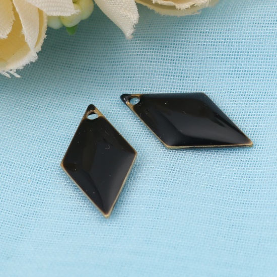 Picture of Brass Enamelled Sequins Charms Rhombus Brass Color Black 17mm x 8mm, 10 PCs                                                                                                                                                                                   